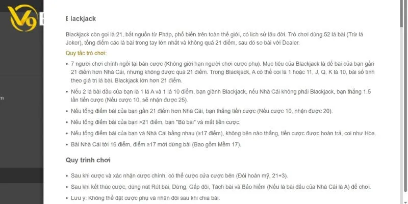 Luật chơi đánh bài online blackjack V9bet chi tiết